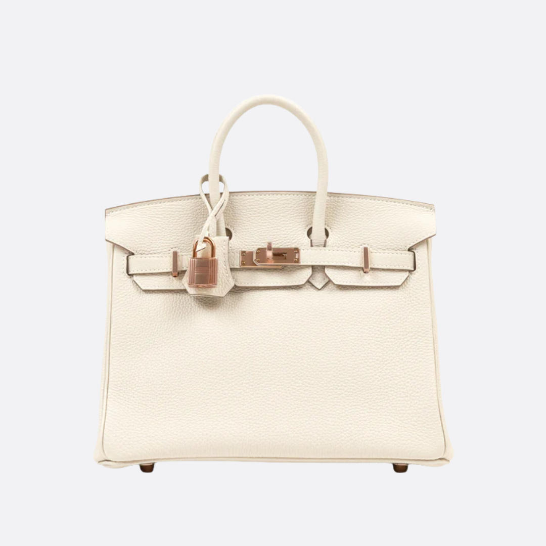 HERMÈS BIRKIN 25 HSS CRAIE/GRIS TOURTERELLE AUS TOGO-LEDER MIT GEBÜRSTETER GOLDENER HARDWARE