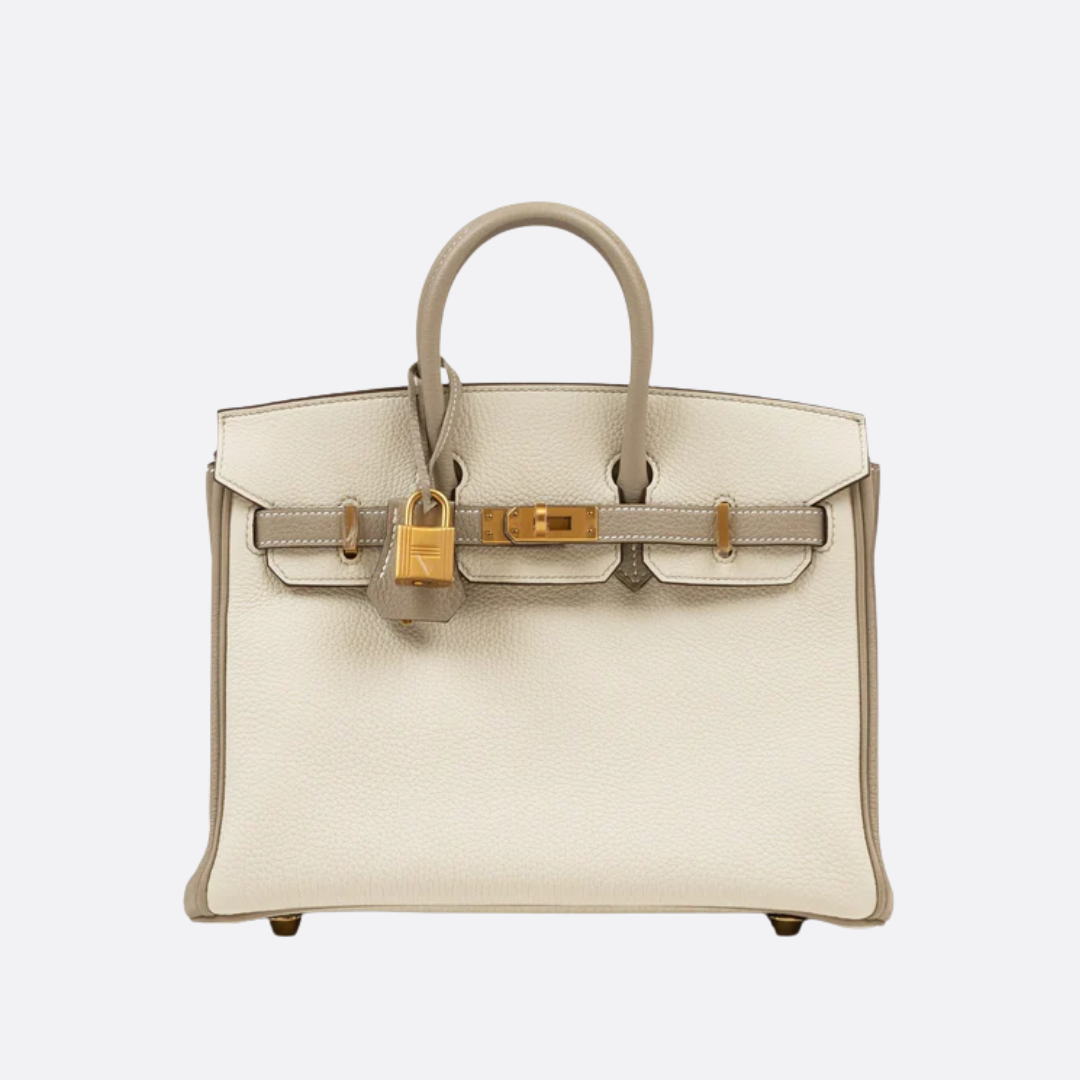 HERMÈS BIRKIN 25 HSS CRAIE/GRIS TOURTERELLE AUS TOGO-LEDER MIT GEBÜRSTETER GOLDENER HARDWARE