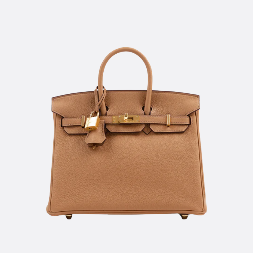 HERMÈS BIRKIN 25 HSS CRAIE/GRIS TOURTERELLE AUS TOGO-LEDER MIT GEBÜRSTETER GOLDENER HARDWARE