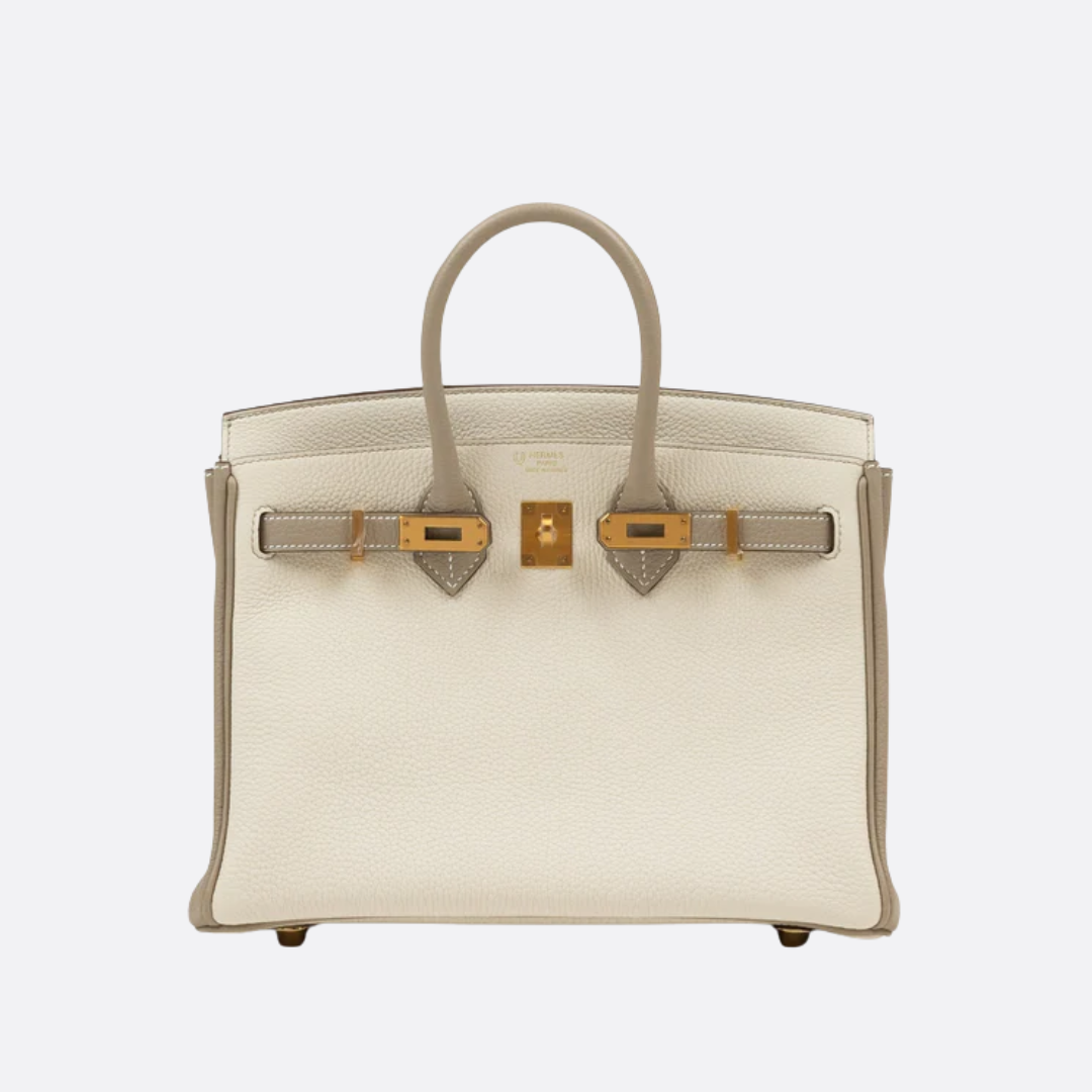 HERMÈS BIRKIN 25 HSS CRAIE/GRIS TOURTERELLE AUS TOGO-LEDER MIT GEBÜRSTETER GOLDENER HARDWARE
