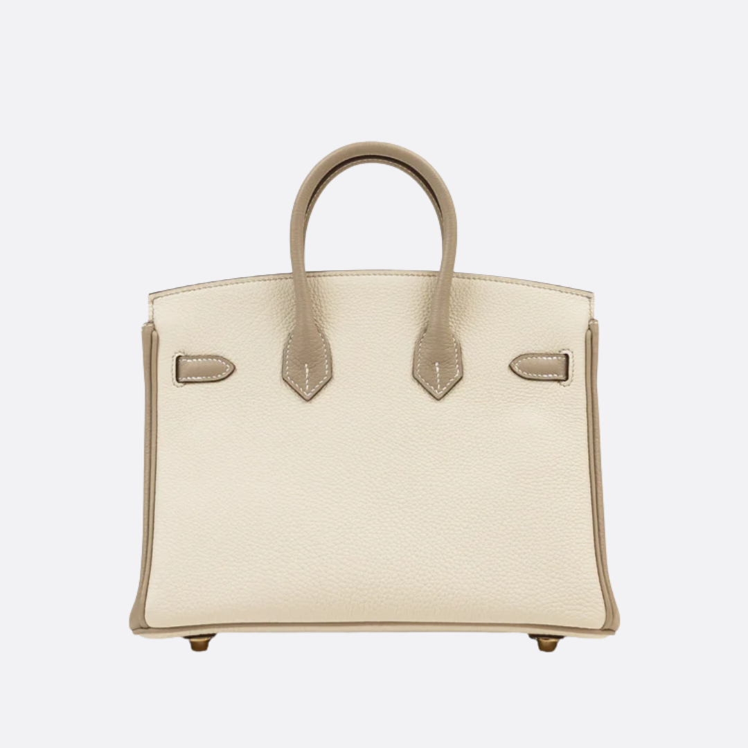 HERMÈS BIRKIN 25 HSS CRAIE/GRIS TOURTERELLE AUS TOGO-LEDER MIT GEBÜRSTETER GOLDENER HARDWARE